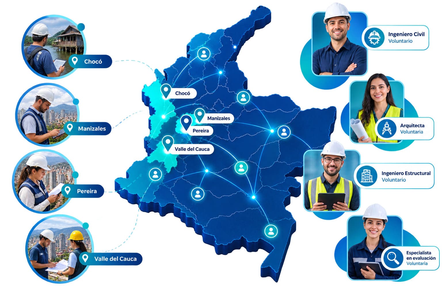 Mapa de Colombia con la red de profesionales voluntarios conectados