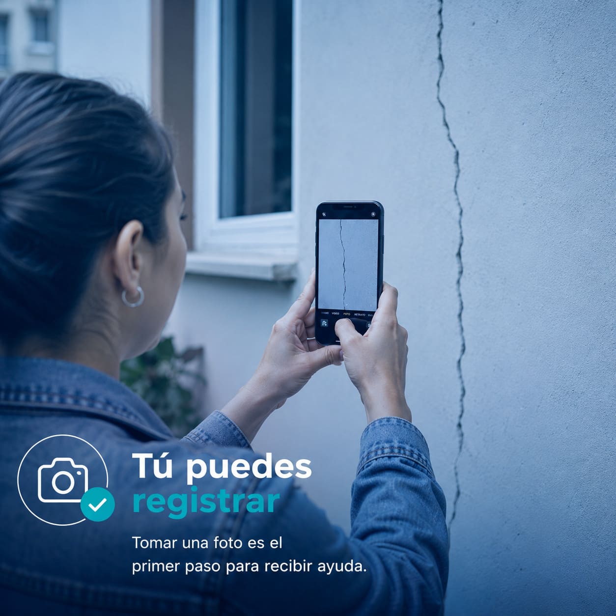 Persona fotografiando con su celular una grieta en la pared